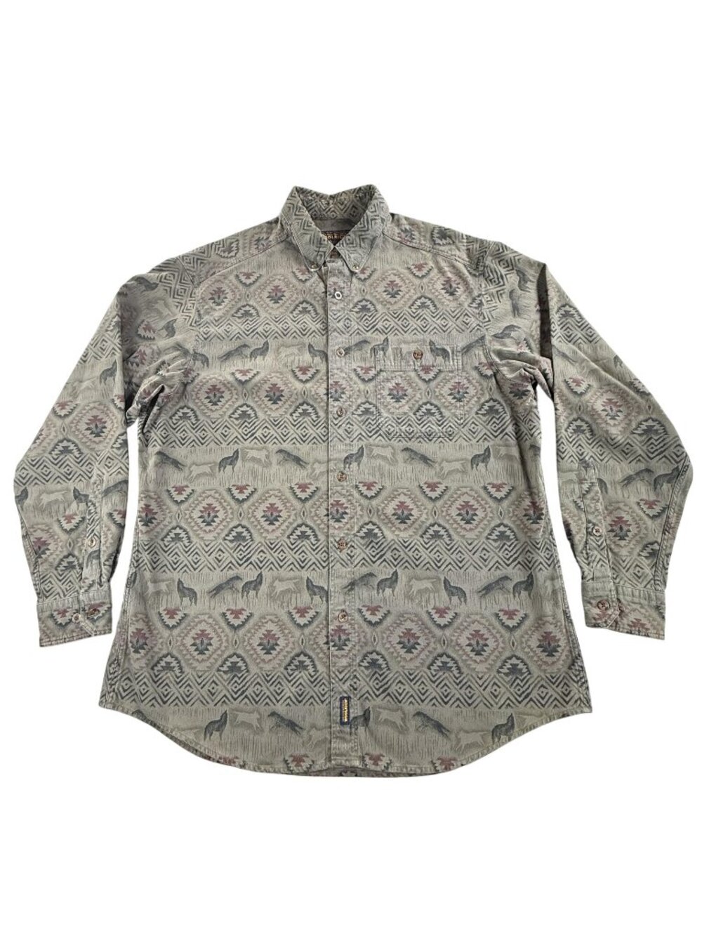Vintage Woolrich Shirt Mens XL Green Southwest Wolf Print AOP Twill Long Sleeve